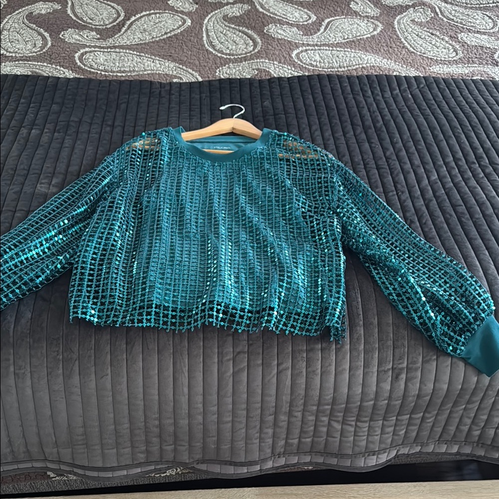 Pilcro Green Sequin Crop Blouse Long Sleeve Small